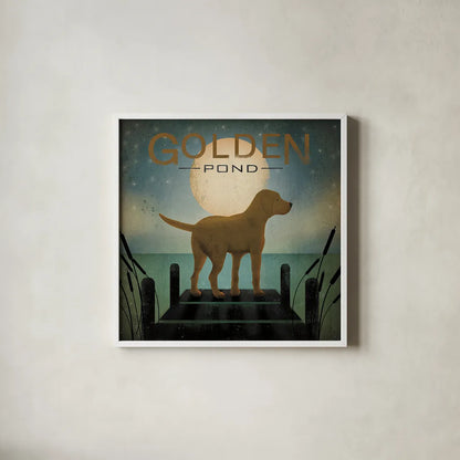 Moonrise Yellow Dog - Golden Pond by Ryan Fowler. Shown in a crisp white glass frame for a clean and minimalist style. Available as an archival giclee rolled canvas, fine art paper, or poster print. SKU 11453a.