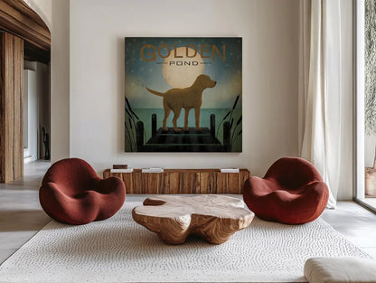 Moonrise Yellow Dog - Golden Pond by Ryan Fowler. Shown as extra-large giant wall art in a modern living room. Available as an archival giclee rolled canvas, fine art paper, or poster print. SKU 11453a.
