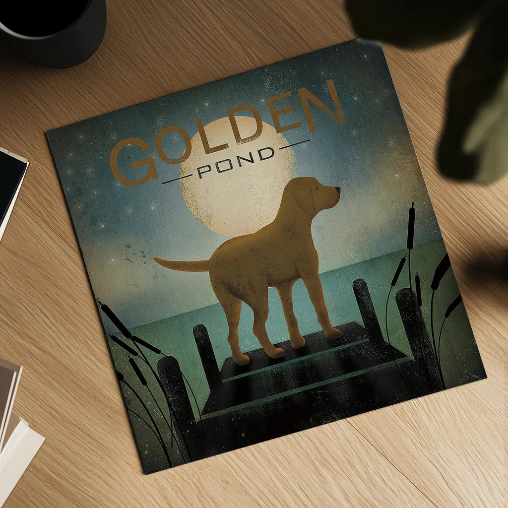 Moonrise Yellow Dog - Golden Pond by Ryan Fowler. Shown as a detailed flat fine art print, highlighting archival giclee quality. Available as an archival giclee rolled canvas, fine art paper, or poster print. SKU 11857a.