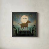 Moonrise Yellow Dog - Golden Pond by Ryan Fowler. Shown in a sleek black glass frame for a contemporary gallery look. Available as an archival giclee rolled canvas, fine art paper, or poster print. SKU 11857a.