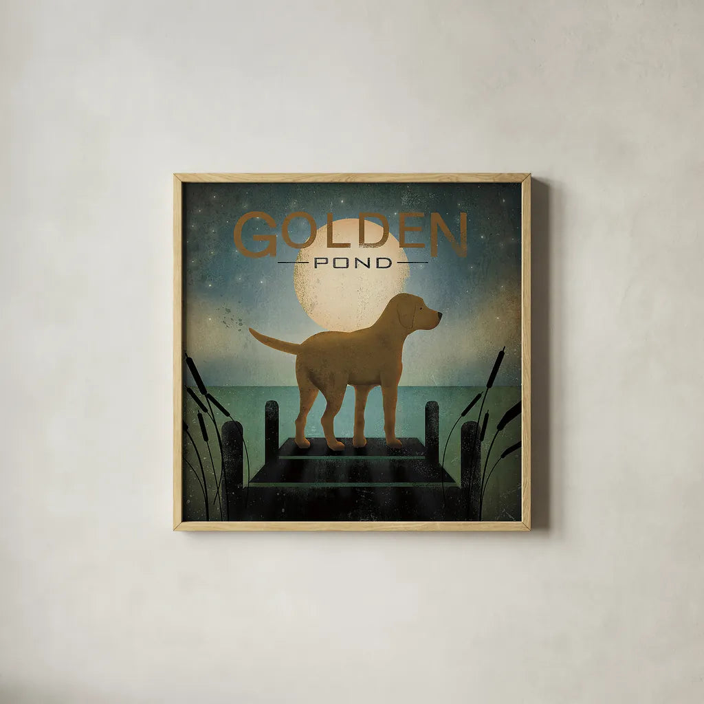 Moonrise Yellow Dog - Golden Pond by Ryan Fowler. Shown in a natural wood glass frame for a timeless modern aesthetic. Available as an archival giclee rolled canvas, fine art paper, or poster print. SKU 11857a.