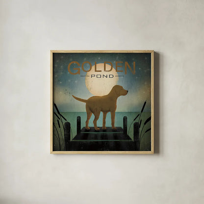 Moonrise Yellow Dog - Golden Pond by Ryan Fowler. Shown in a natural wood glass frame for a timeless modern aesthetic. Available as an archival giclee rolled canvas, fine art paper, or poster print. SKU 11857a.