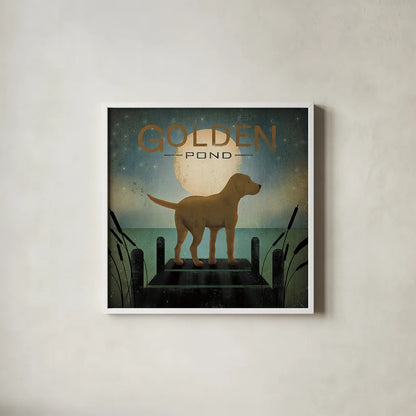 Moonrise Yellow Dog - Golden Pond by Ryan Fowler. Shown in a crisp white glass frame for a clean and minimalist style. Available as an archival giclee rolled canvas, fine art paper, or poster print. SKU 11857a.