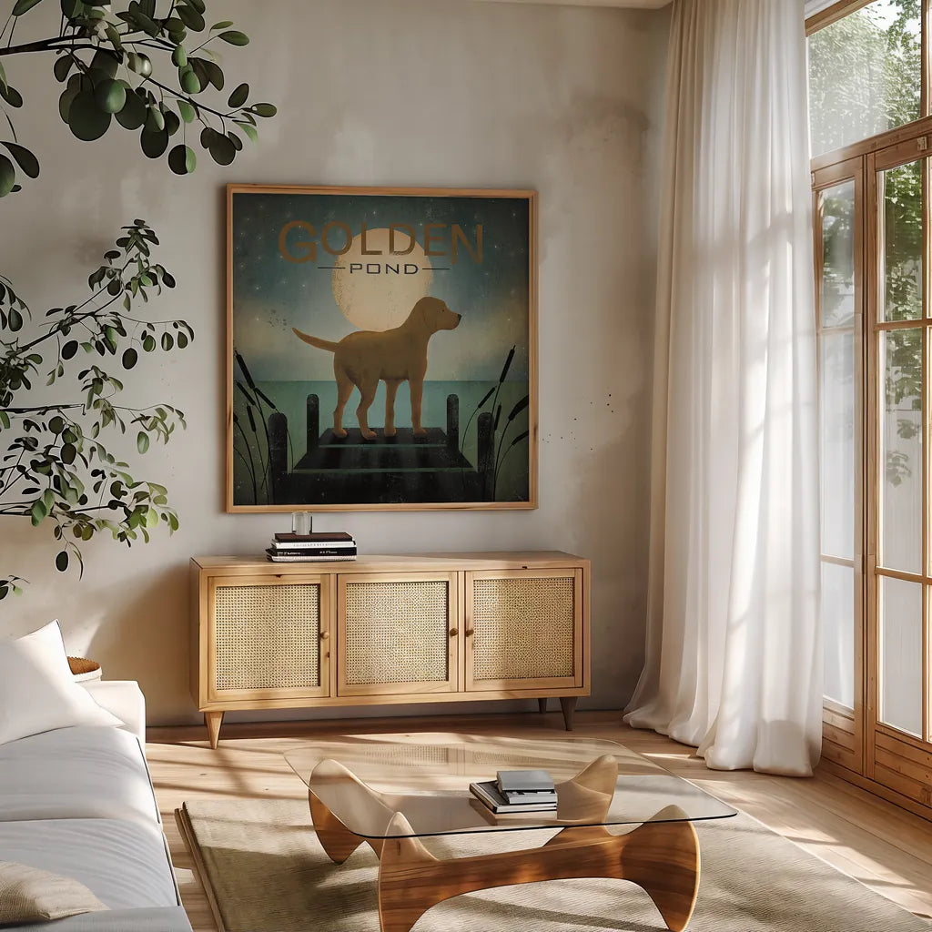 Moonrise Yellow Dog - Golden Pond by Ryan Fowler. Shown in a natural wood frame in a cozy modern living room. Available as an archival giclee rolled canvas, fine art paper, or poster print. SKU 11857a.