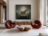 Moonrise Yellow Dog - Golden Pond by Ryan Fowler. Shown as extra-large giant wall art in a modern living room. Available as an archival giclee rolled canvas, fine art paper, or poster print. SKU 11857a.