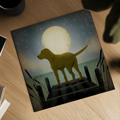 Moonrise Yellow Dog by Ryan Fowler. Shown as a detailed flat fine art print, highlighting archival giclee quality. Available as an archival giclee rolled canvas, fine art paper, or poster print. SKU 9034a.