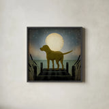 Moonrise Yellow Dog by Ryan Fowler. Shown in a sleek black glass frame for a contemporary gallery look. Available as an archival giclee rolled canvas, fine art paper, or poster print. SKU 9034a.