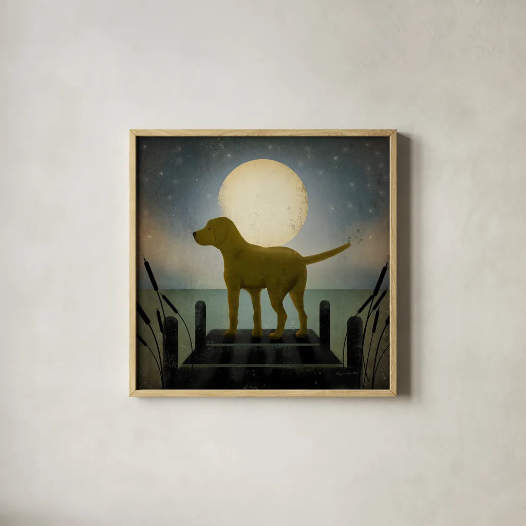 Moonrise Yellow Dog by Ryan Fowler. Shown in a natural wood glass frame for a timeless modern aesthetic. Available as an archival giclee rolled canvas, fine art paper, or poster print. SKU 9034a.