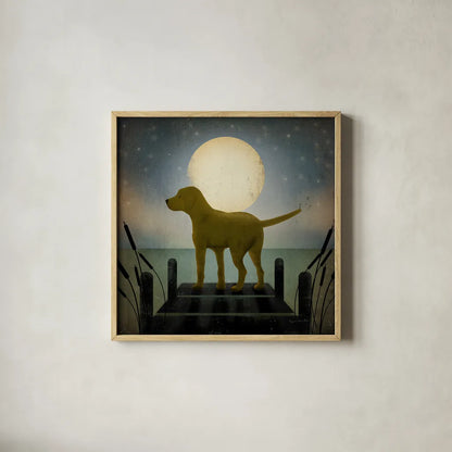 Moonrise Yellow Dog by Ryan Fowler. Shown in a natural wood glass frame for a timeless modern aesthetic. Available as an archival giclee rolled canvas, fine art paper, or poster print. SKU 9034a.
