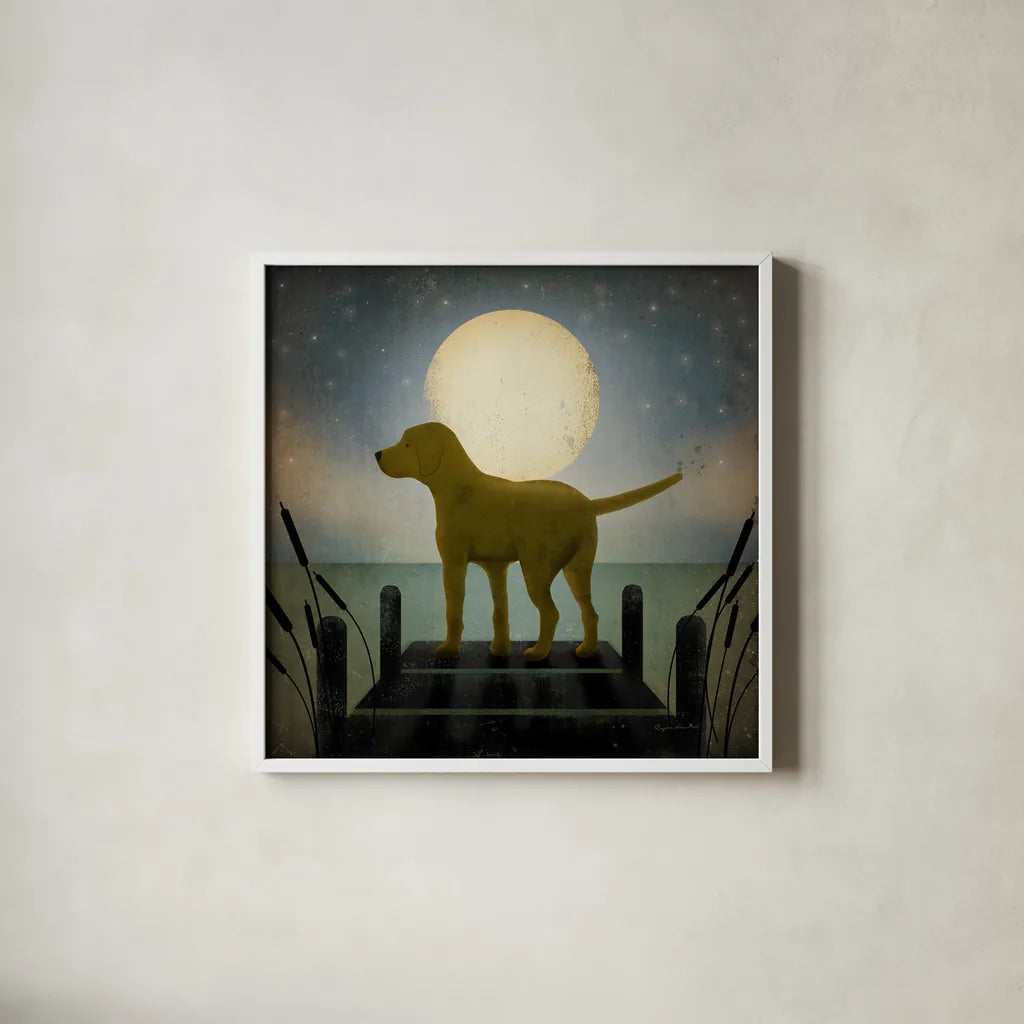 Moonrise Yellow Dog by Ryan Fowler. Shown in a crisp white glass frame for a clean and minimalist style. Available as an archival giclee rolled canvas, fine art paper, or poster print. SKU 9034a.