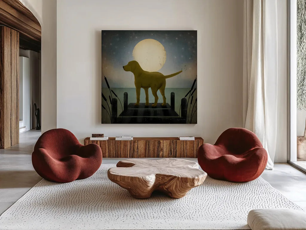 Moonrise Yellow Dog by Ryan Fowler. Shown as extra-large giant wall art in a modern living room. Available as an archival giclee rolled canvas, fine art paper, or poster print. SKU 9034a.