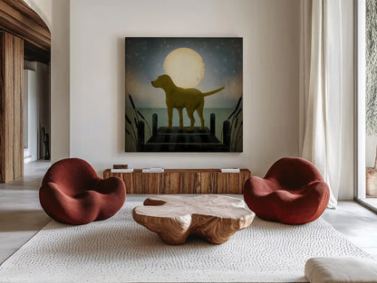 Moonrise Yellow Dog by Ryan Fowler. Shown as extra-large giant wall art in a modern living room. Available as an archival giclee rolled canvas, fine art paper, or poster print. SKU 9034a.