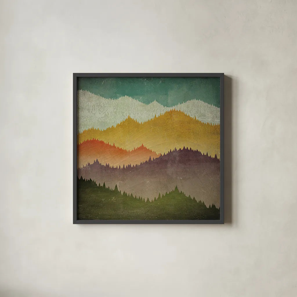 Mountain View by Ryan Fowler. Shown in a sleek black glass frame for a contemporary gallery look. Available as an archival giclee rolled canvas, fine art paper, or poster print. SKU 12019a.