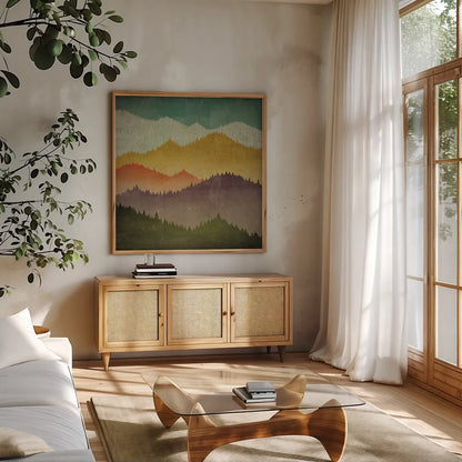 Mountain View by Ryan Fowler. Shown in a natural wood frame in a cozy modern living room. Available as an archival giclee rolled canvas, fine art paper, or poster print. SKU 12019a.