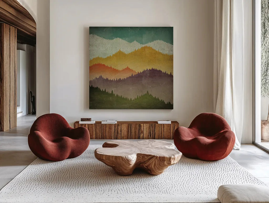 Mountain View by Ryan Fowler. Shown as extra-large giant wall art in a modern living room. Available as an archival giclee rolled canvas, fine art paper, or poster print. SKU 12019a.
