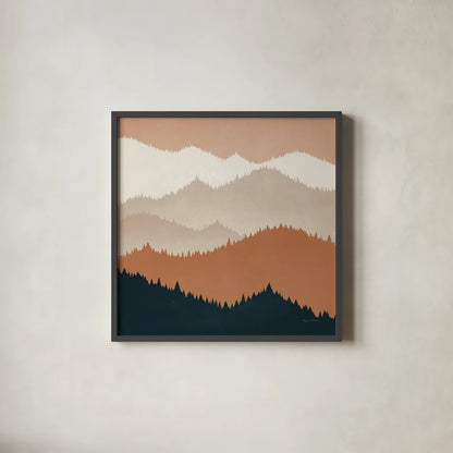 Mountain View Terra Cotta by Ryan Fowler. Shown in a sleek black glass frame for a contemporary gallery look. Available as an archival giclee rolled canvas, fine art paper, or poster print. SKU 55570a.