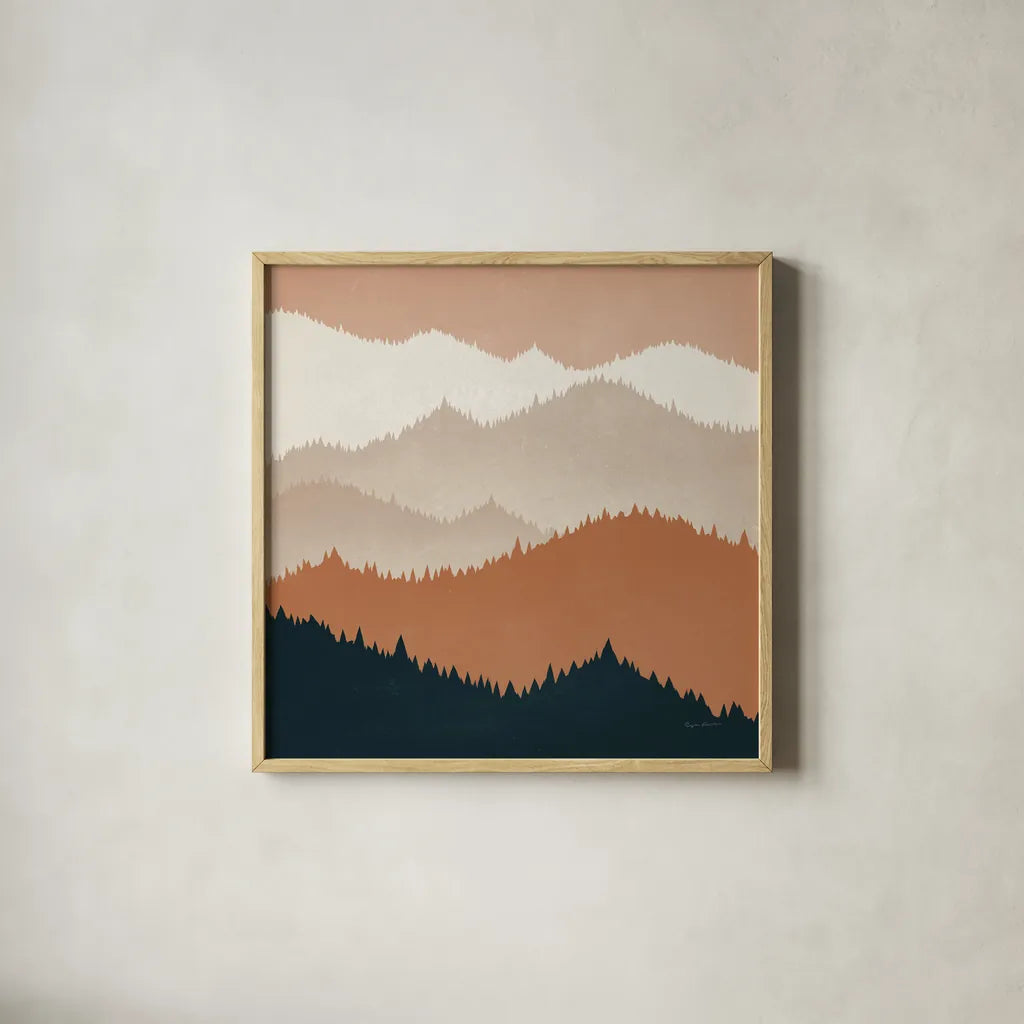 Mountain View Terra Cotta by Ryan Fowler. Shown in a natural wood glass frame for a timeless modern aesthetic. Available as an archival giclee rolled canvas, fine art paper, or poster print. SKU 55570a.