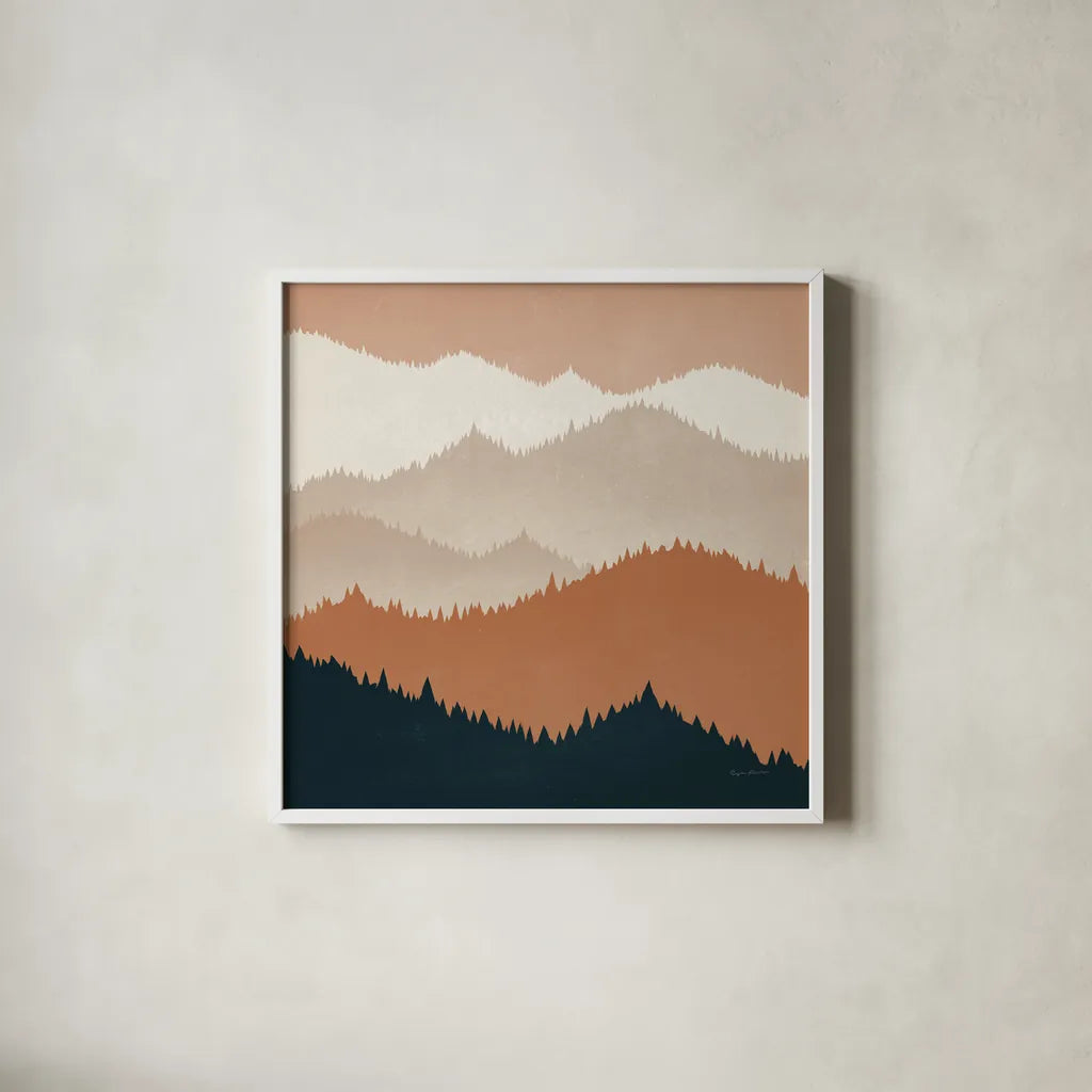 Mountain View Terra Cotta by Ryan Fowler. Shown in a crisp white glass frame for a clean and minimalist style. Available as an archival giclee rolled canvas, fine art paper, or poster print. SKU 55570a.