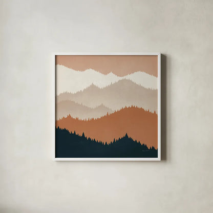 Mountain View Terra Cotta by Ryan Fowler. Shown in a crisp white glass frame for a clean and minimalist style. Available as an archival giclee rolled canvas, fine art paper, or poster print. SKU 55570a.