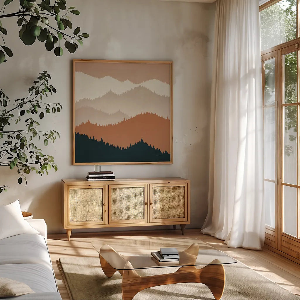 Mountain View Terra Cotta by Ryan Fowler. Shown in a natural wood frame in a cozy modern living room. Available as an archival giclee rolled canvas, fine art paper, or poster print. SKU 55570a.