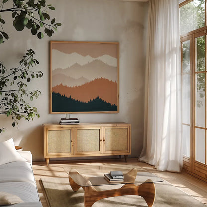 Mountain View Terra Cotta by Ryan Fowler. Shown in a natural wood frame in a cozy modern living room. Available as an archival giclee rolled canvas, fine art paper, or poster print. SKU 55570a.