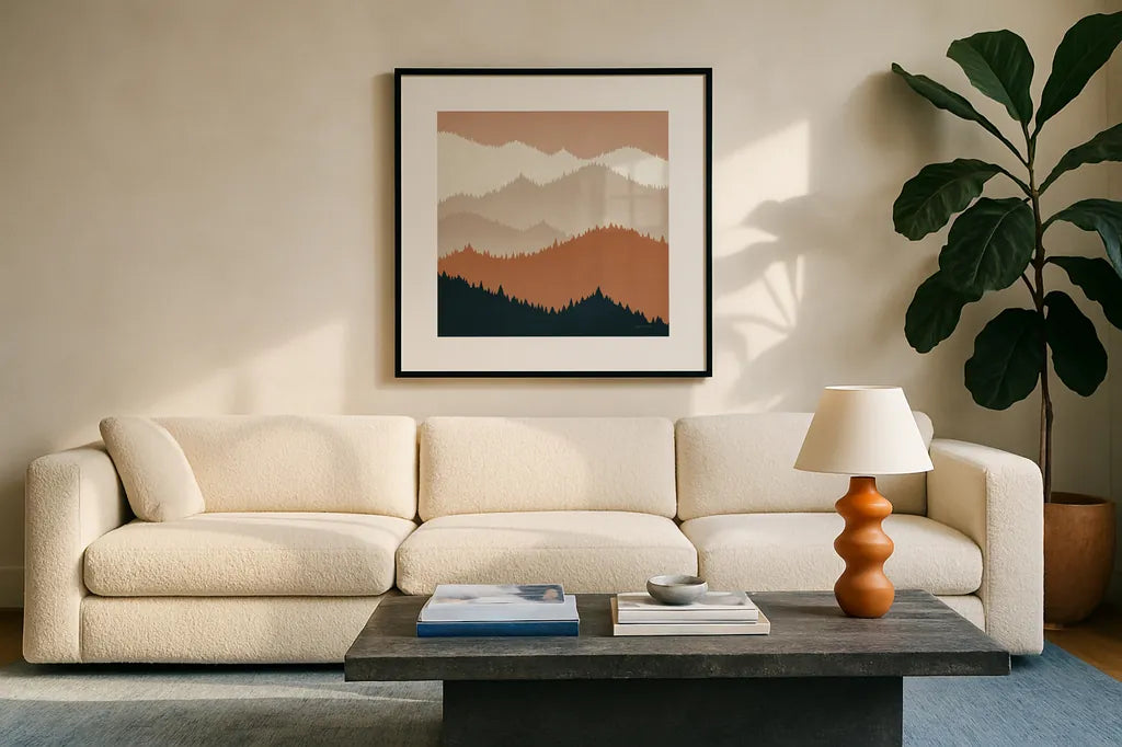 Mountain View Terra Cotta by Ryan Fowler. Displayed in a glass frame with matte in a clean modern living room. Available as an archival giclee rolled canvas, fine art paper, or poster print. SKU 55570a.