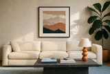 Mountain View Terra Cotta by Ryan Fowler. Displayed in a glass frame with matte in a clean modern living room. Available as an archival giclee rolled canvas, fine art paper, or poster print. SKU 55570a.