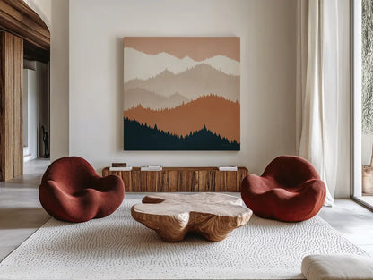 Mountain View Terra Cotta by Ryan Fowler. Shown as extra-large giant wall art in a modern living room. Available as an archival giclee rolled canvas, fine art paper, or poster print. SKU 55570a.