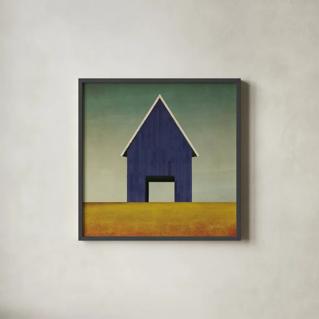 Navy Barn Summer Crop by Ryan Fowler. Shown in a sleek black glass frame for a contemporary gallery look. Available as an archival giclee rolled canvas, fine art paper, or poster print. SKU 59121a.