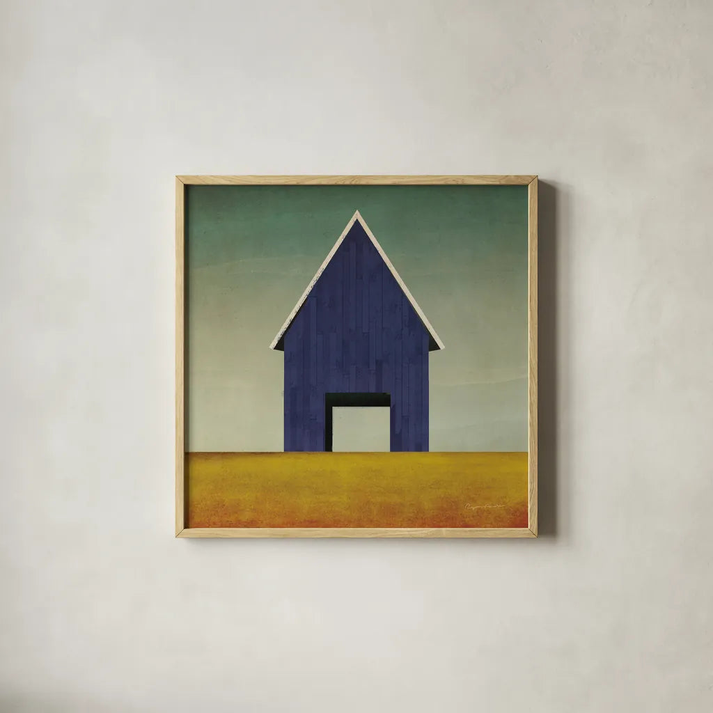 Navy Barn Summer Crop by Ryan Fowler. Shown in a natural wood glass frame for a timeless modern aesthetic. Available as an archival giclee rolled canvas, fine art paper, or poster print. SKU 59121a.