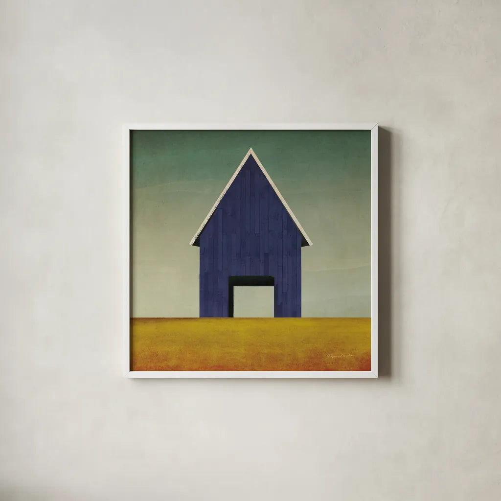 Navy Barn Summer Crop by Ryan Fowler. Shown in a crisp white glass frame for a clean and minimalist style. Available as an archival giclee rolled canvas, fine art paper, or poster print. SKU 59121a.