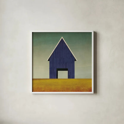 Navy Barn Summer Crop by Ryan Fowler. Shown in a crisp white glass frame for a clean and minimalist style. Available as an archival giclee rolled canvas, fine art paper, or poster print. SKU 59121a.