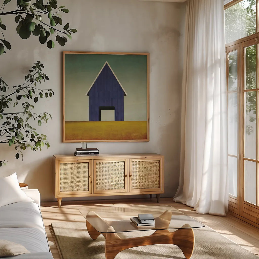 Navy Barn Summer Crop by Ryan Fowler. Shown in a natural wood frame in a cozy modern living room. Available as an archival giclee rolled canvas, fine art paper, or poster print. SKU 59121a.