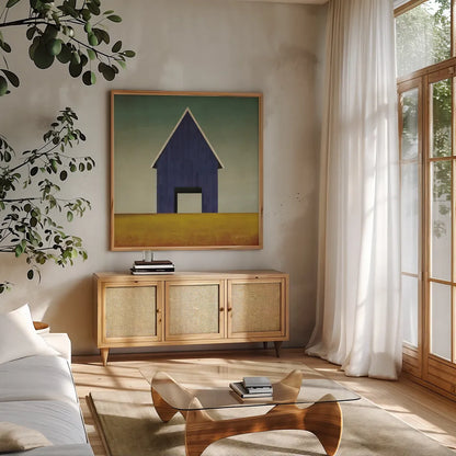 Navy Barn Summer Crop by Ryan Fowler. Shown in a natural wood frame in a cozy modern living room. Available as an archival giclee rolled canvas, fine art paper, or poster print. SKU 59121a.