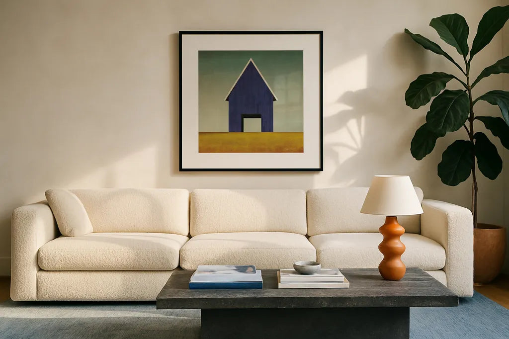 Navy Barn Summer Crop by Ryan Fowler. Displayed in a glass frame with matte in a clean modern living room. Available as an archival giclee rolled canvas, fine art paper, or poster print. SKU 59121a.