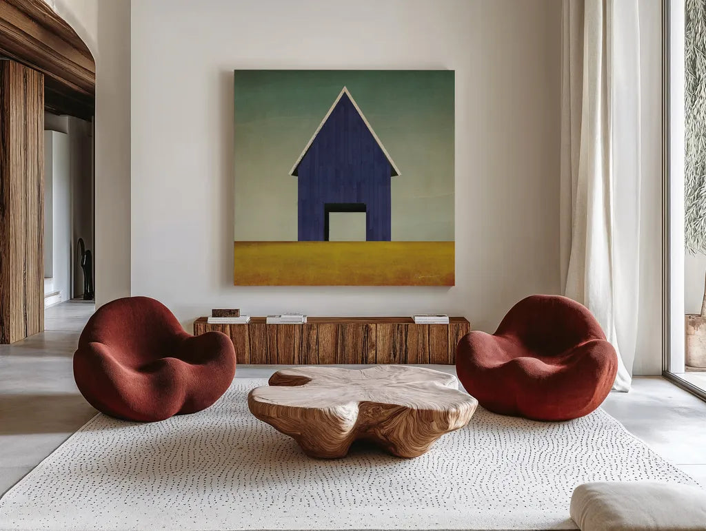 Navy Barn Summer Crop by Ryan Fowler. Shown as extra-large giant wall art in a modern living room. Available as an archival giclee rolled canvas, fine art paper, or poster print. SKU 59121a.