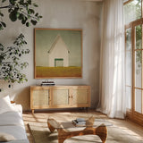 Ohio Barn Crop by Ryan Fowler. Shown in a natural wood frame in a cozy modern living room. Available as an archival giclee rolled canvas, fine art paper, or poster print. SKU 58424a.