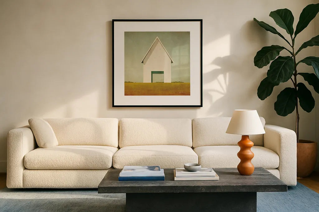 Ohio Barn Crop by Ryan Fowler. Displayed in a glass frame with matte in a clean modern living room. Available as an archival giclee rolled canvas, fine art paper, or poster print. SKU 58424a.