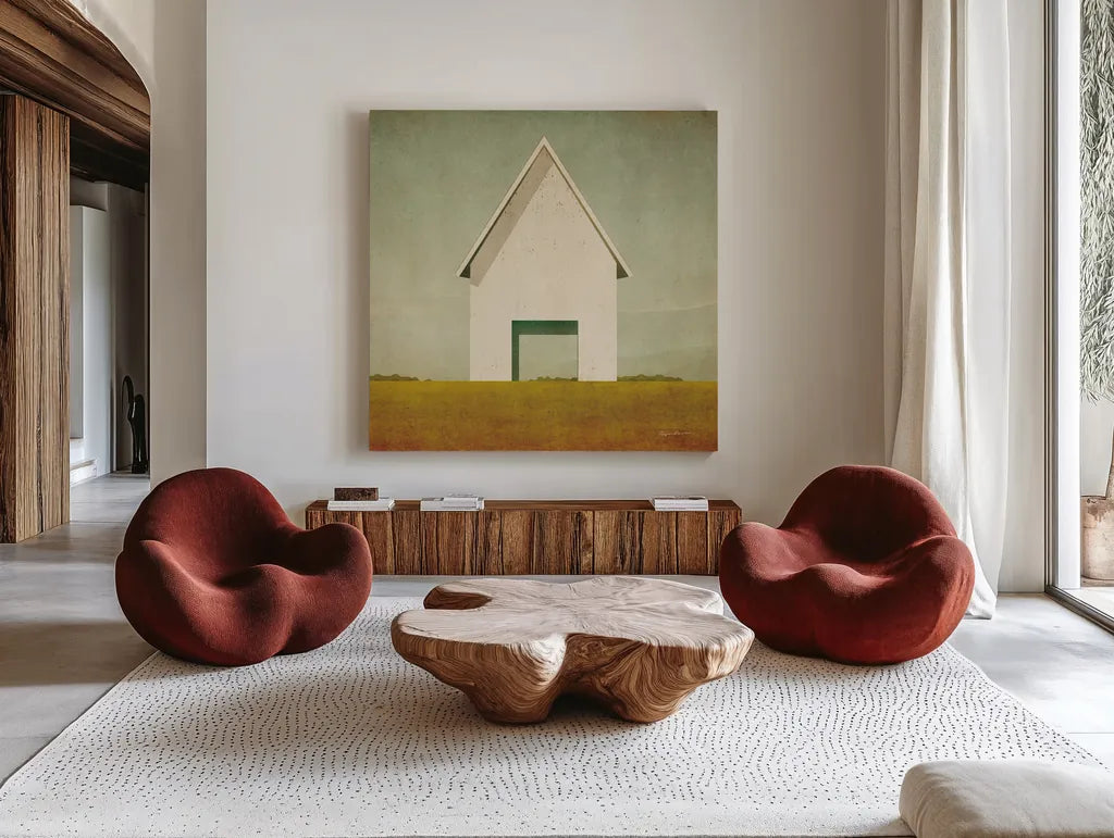 Ohio Barn Crop by Ryan Fowler. Shown as extra-large giant wall art in a modern living room. Available as an archival giclee rolled canvas, fine art paper, or poster print. SKU 58424a.