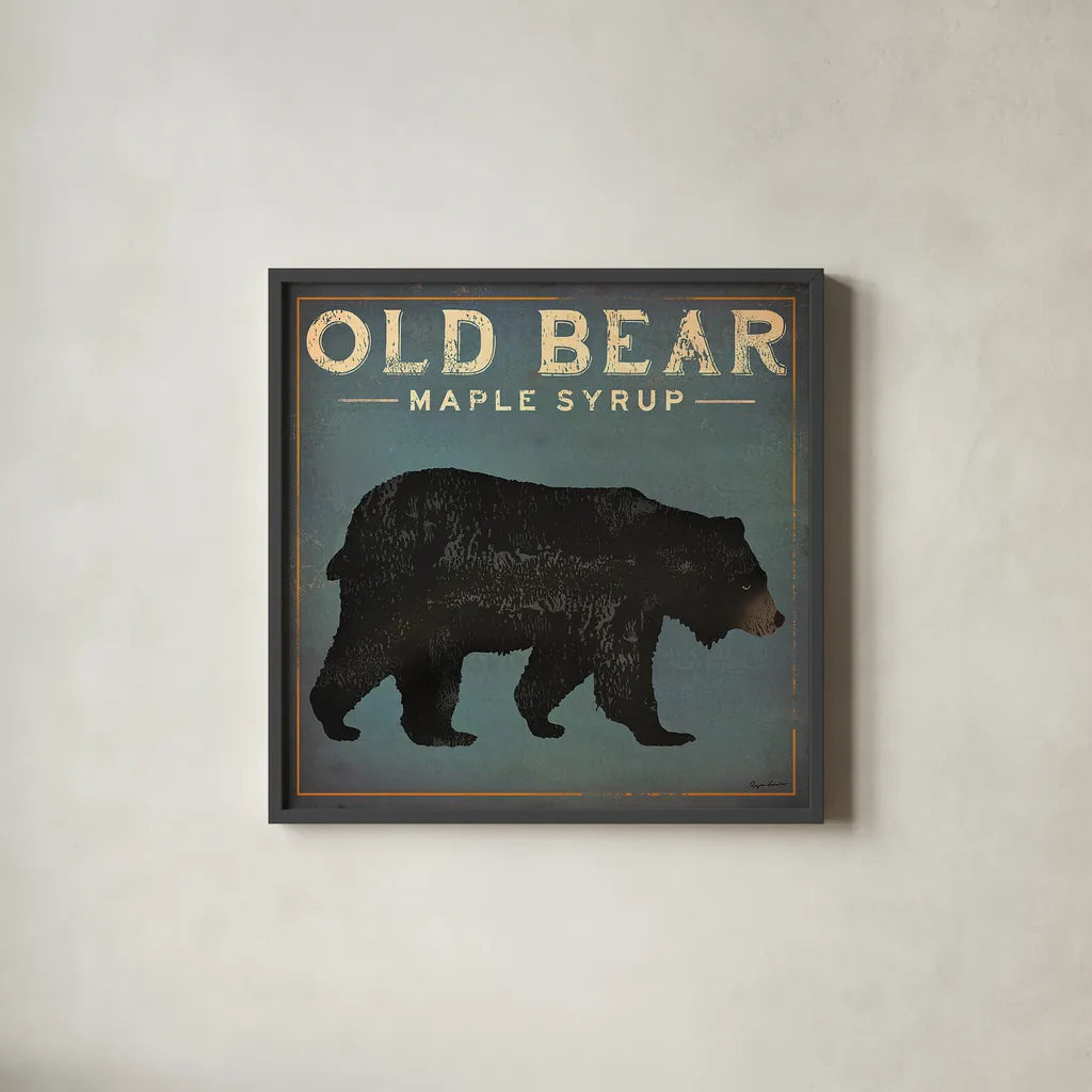Old Bear by Ryan Fowler. Shown in a sleek black glass frame for a contemporary gallery look. Available as an archival giclee rolled canvas, fine art paper, or poster print. SKU 13358a.
