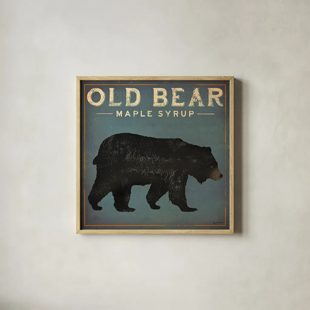 Old Bear by Ryan Fowler. Shown in a natural wood glass frame for a timeless modern aesthetic. Available as an archival giclee rolled canvas, fine art paper, or poster print. SKU 13358a.