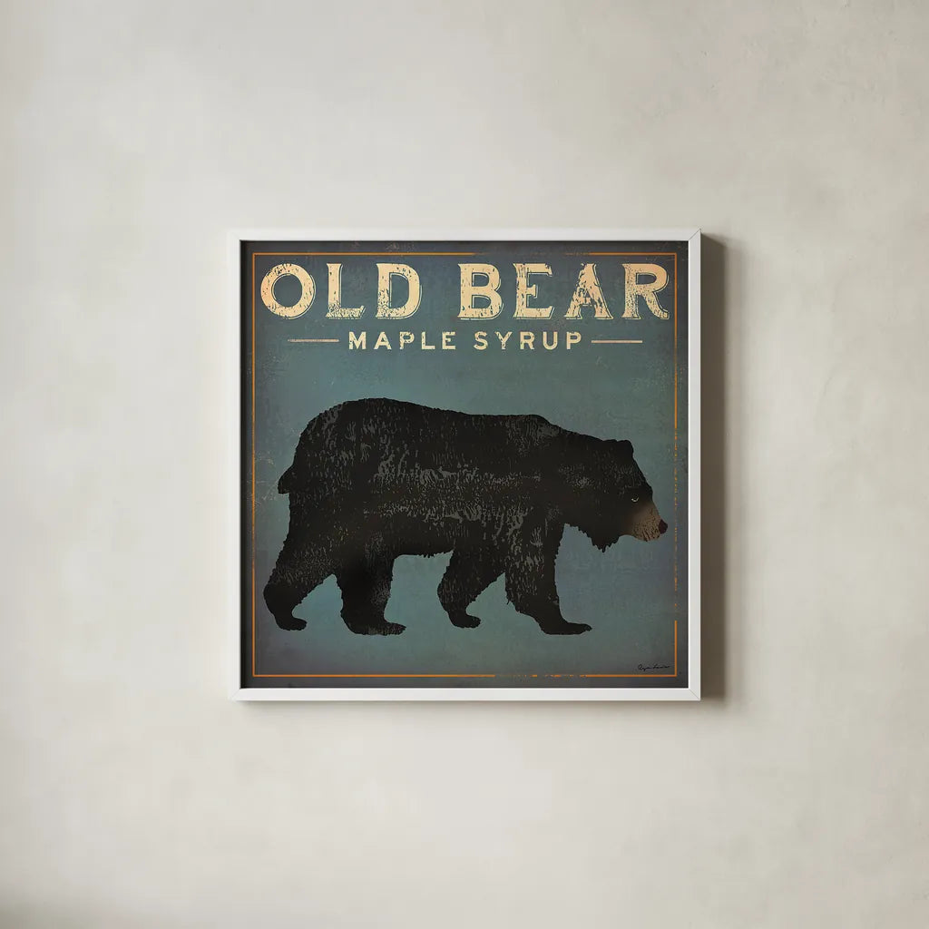Old Bear by Ryan Fowler. Shown in a crisp white glass frame for a clean and minimalist style. Available as an archival giclee rolled canvas, fine art paper, or poster print. SKU 13358a.