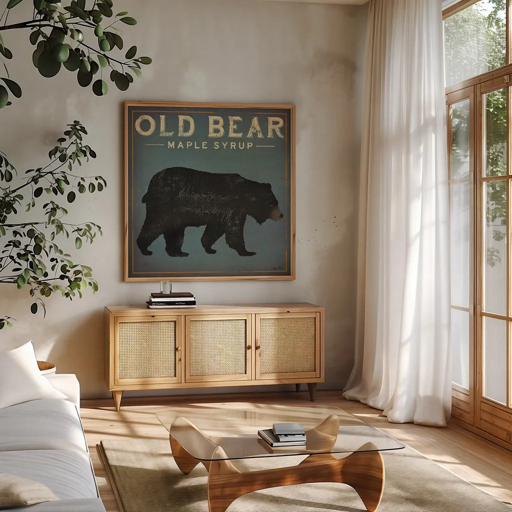 Old Bear by Ryan Fowler. Shown in a natural wood frame in a cozy modern living room. Available as an archival giclee rolled canvas, fine art paper, or poster print. SKU 13358a.