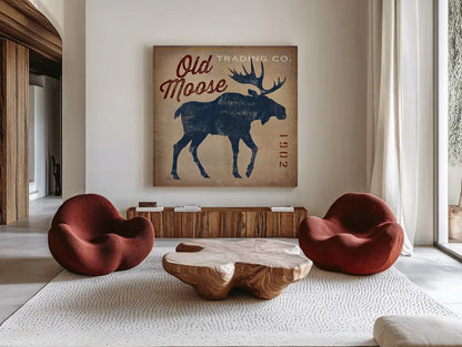 Old Moose Trading Co Tan by Ryan Fowler. Shown as extra-large giant wall art in a modern living room. Available as an archival giclee rolled canvas, fine art paper, or poster print. SKU 12858a.