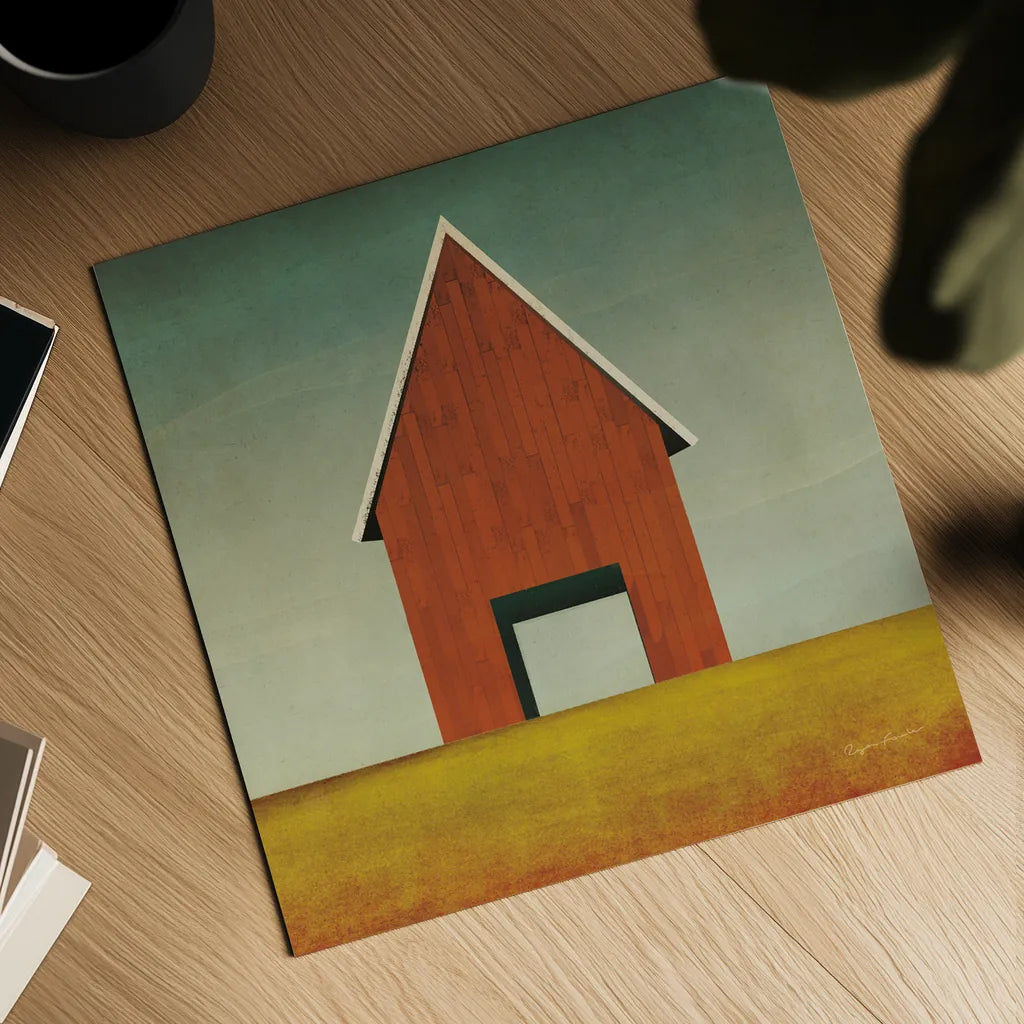 Orange Barn Summer Crop by Ryan Fowler. Shown as a detailed flat fine art print, highlighting archival giclee quality. Available as an archival giclee rolled canvas, fine art paper, or poster print. SKU 77627a.