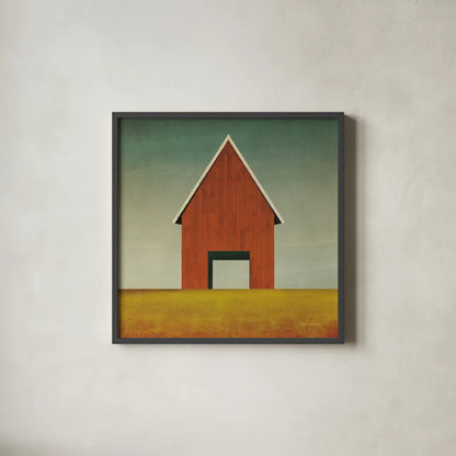 Orange Barn Summer Crop by Ryan Fowler. Shown in a sleek black glass frame for a contemporary gallery look. Available as an archival giclee rolled canvas, fine art paper, or poster print. SKU 77627a.