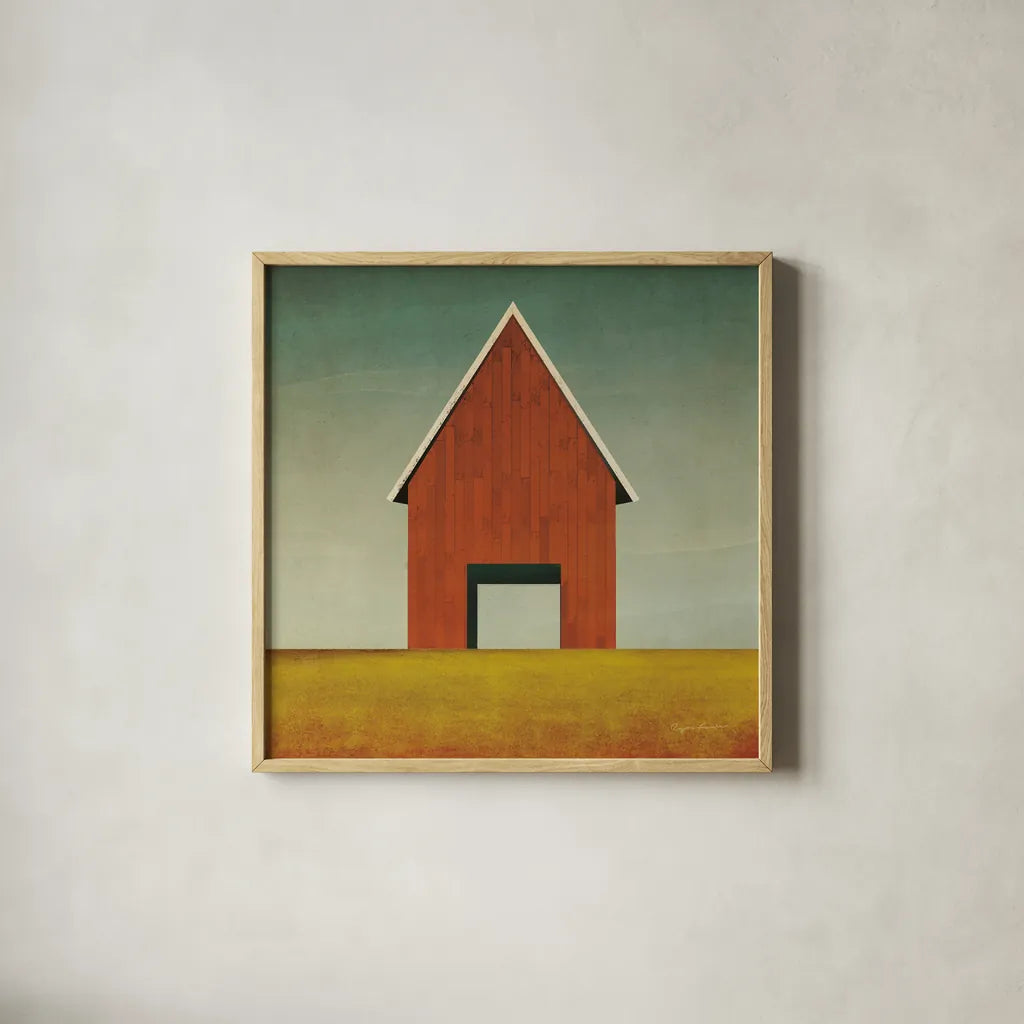 Orange Barn Summer Crop by Ryan Fowler. Shown in a natural wood glass frame for a timeless modern aesthetic. Available as an archival giclee rolled canvas, fine art paper, or poster print. SKU 77627a.