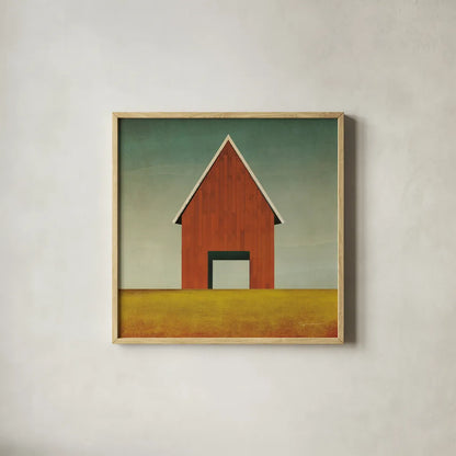 Orange Barn Summer Crop by Ryan Fowler. Shown in a natural wood glass frame for a timeless modern aesthetic. Available as an archival giclee rolled canvas, fine art paper, or poster print. SKU 77627a.