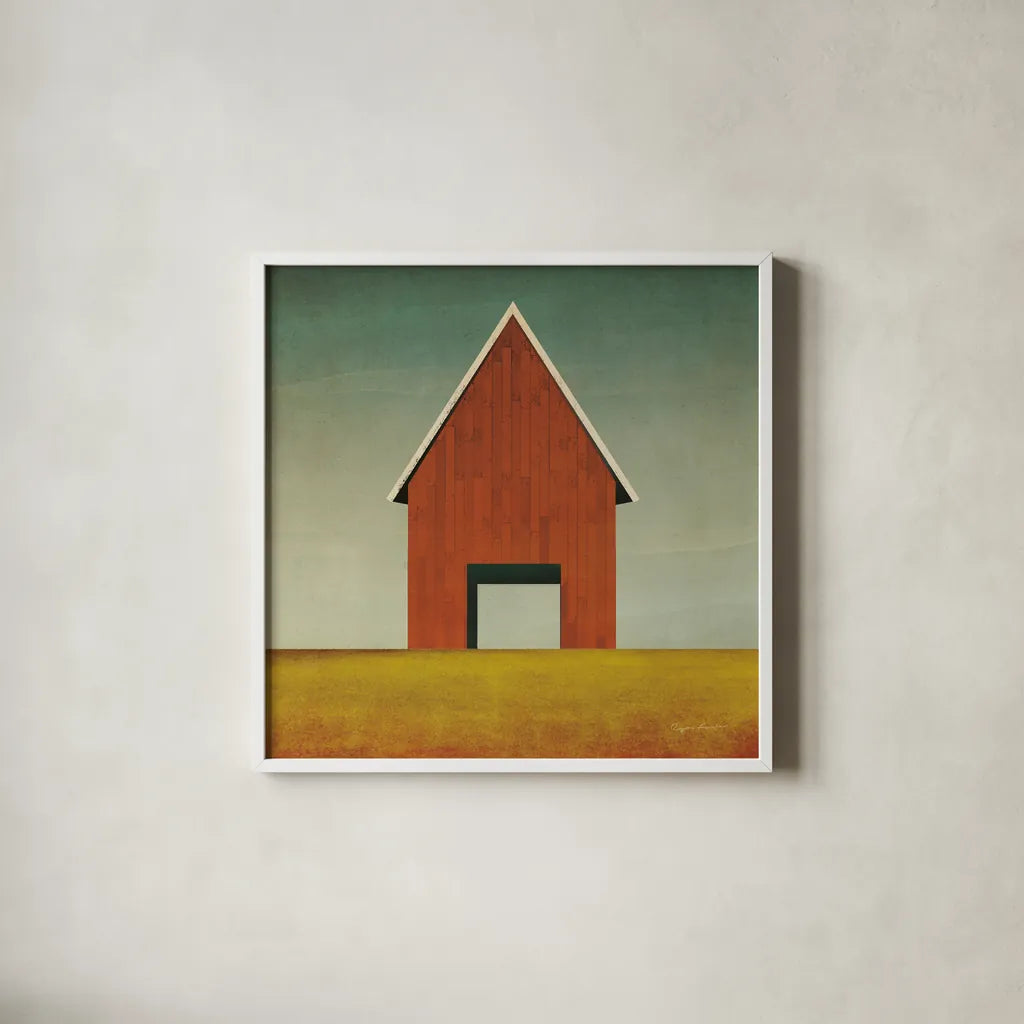 Orange Barn Summer Crop by Ryan Fowler. Shown in a crisp white glass frame for a clean and minimalist style. Available as an archival giclee rolled canvas, fine art paper, or poster print. SKU 77627a.