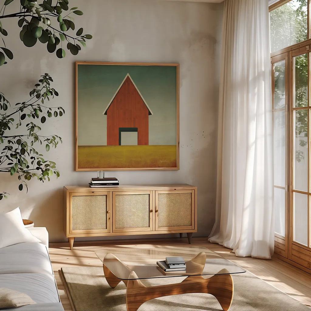 Orange Barn Summer Crop by Ryan Fowler. Shown in a natural wood frame in a cozy modern living room. Available as an archival giclee rolled canvas, fine art paper, or poster print. SKU 77627a.